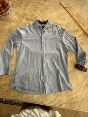 Men's Eton stretchy knit Dress Shirt Size M Blue with Brown Paisley Accents.